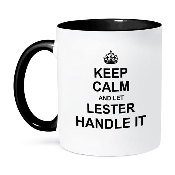 3dRose, Keep Calm and Let Lester Handle it - funny personal name, 11oz Two-Tone Black Mug