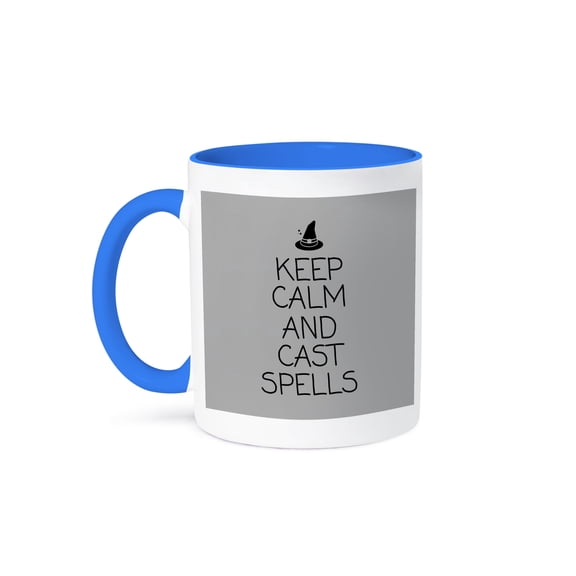 3dRose, Keep calm and cast spells - Witch hat icon for halloween, 11oz Two-Tone Blue Mug