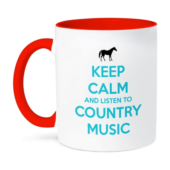 3dRose, Keep calm and listen to country music. White and Turquoise. Horse., 11oz Two-Tone Red Mug