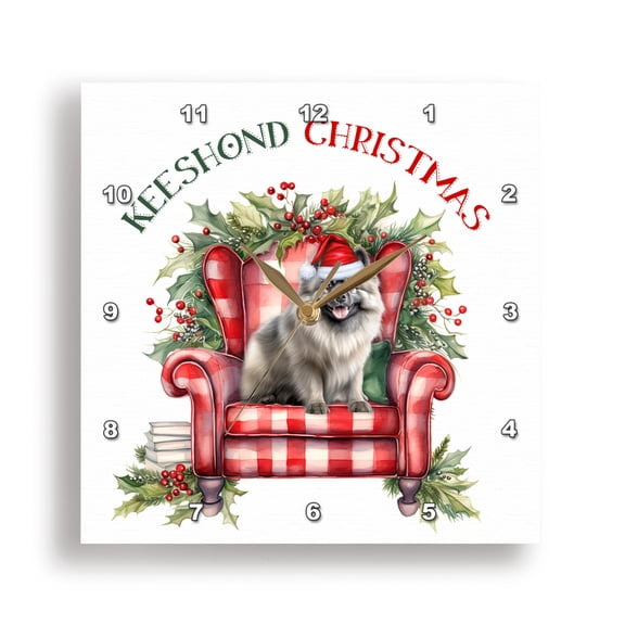 3dRose, Keeshond Dog wears a Santa Hat while waiting for Santa on Christmas, 15x15 Wall Clock