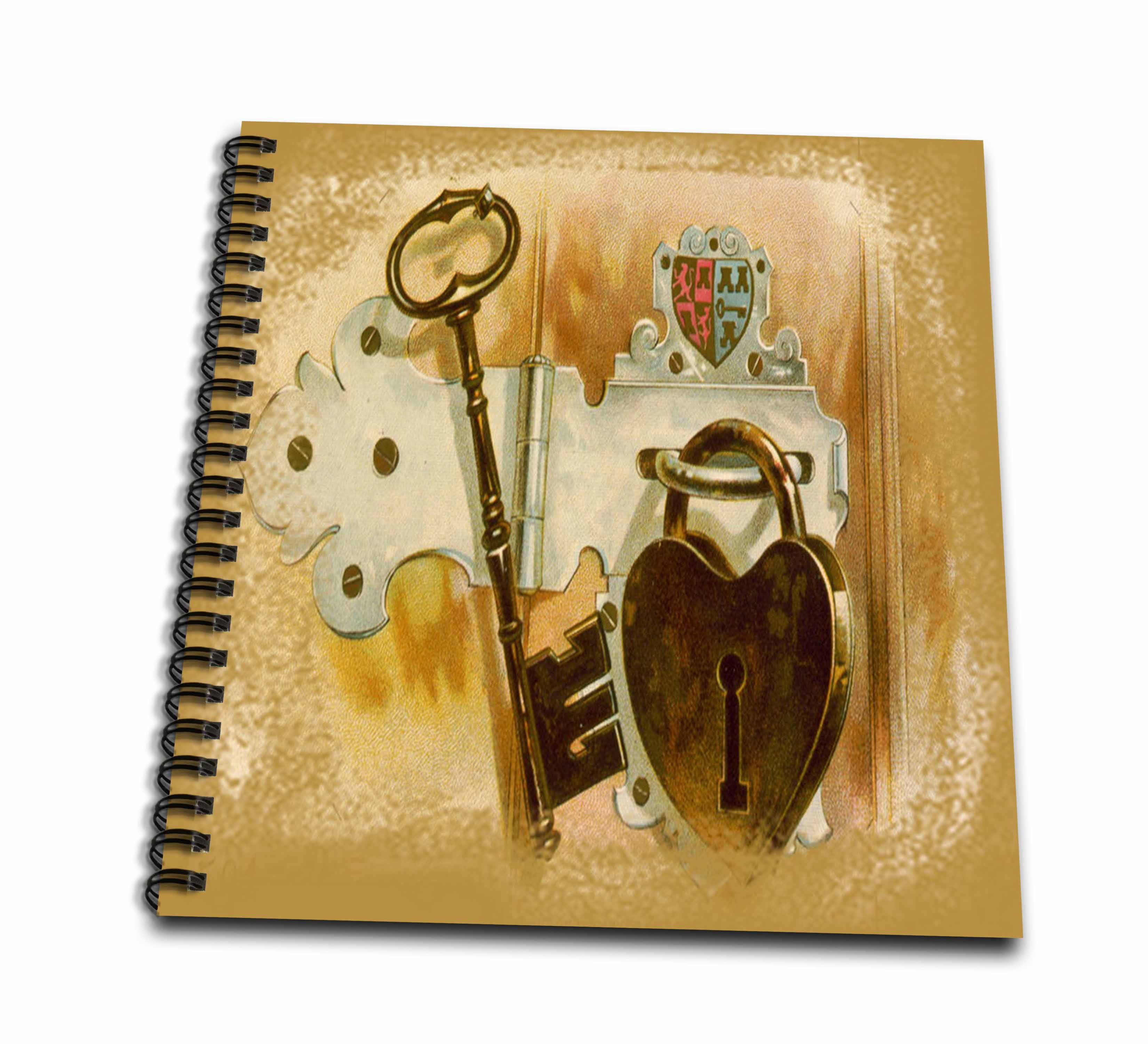 3dRose, Key To My Heart  A valentine image of a vintage love heat lock and key in sepia tones, Memory Book 12 x 12 inch