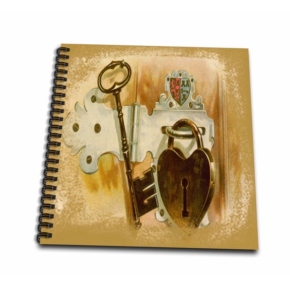 3dRose, Key To My Heart  A valentine image of a vintage love heat lock and key in sepia tones, Memory Book 12 x 12 inch