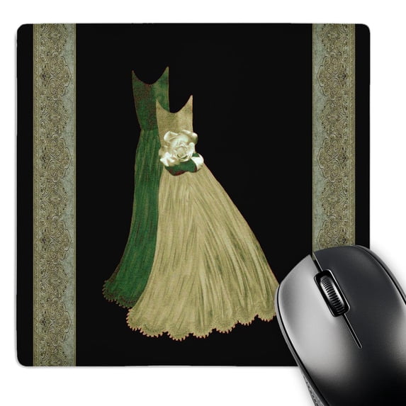 3dRose, Khaki and forest green gowns with coordinating damask ribbons, MousePad