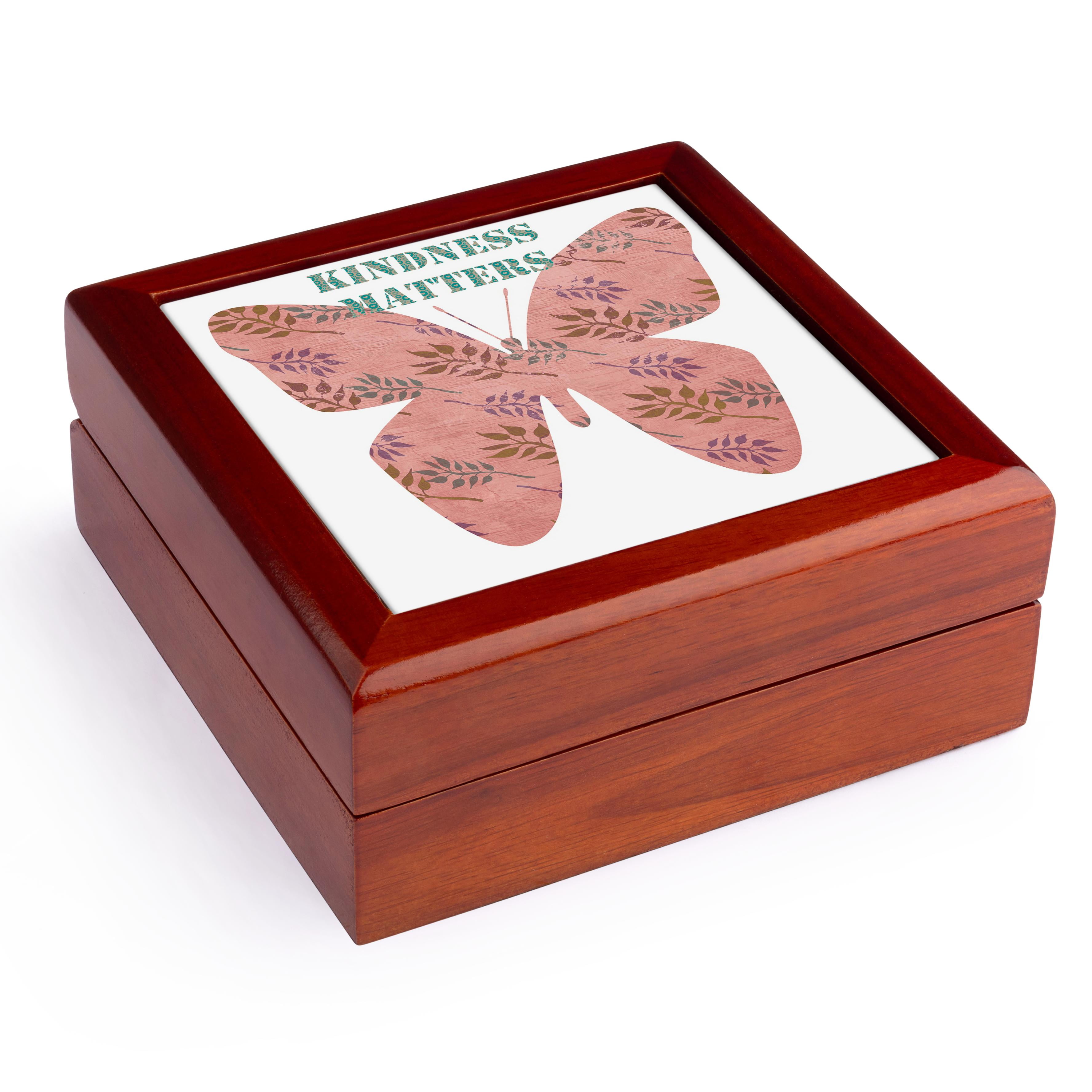 3dRose, Kindness Matters with Pink Vintage Style Butterfly, Jewelry Box 5.5x5.5 inch with 4 inch tile