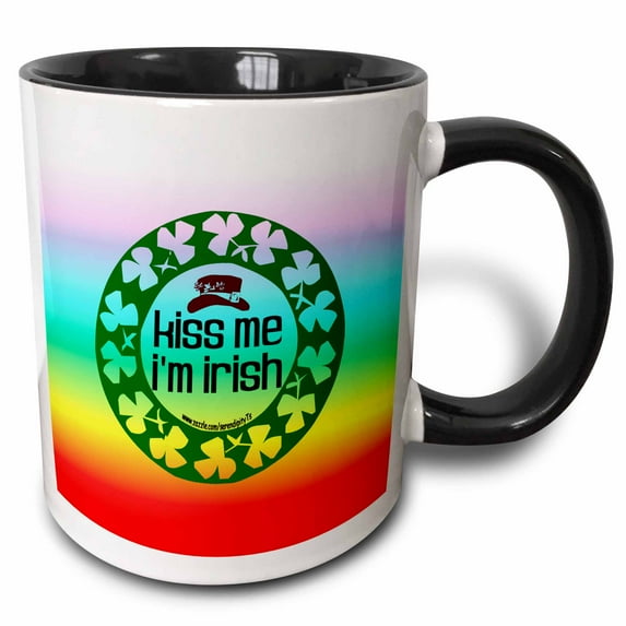 3drose, Kiss Me Im Irish on Rainbow, 11oz Two-tone Black Mug