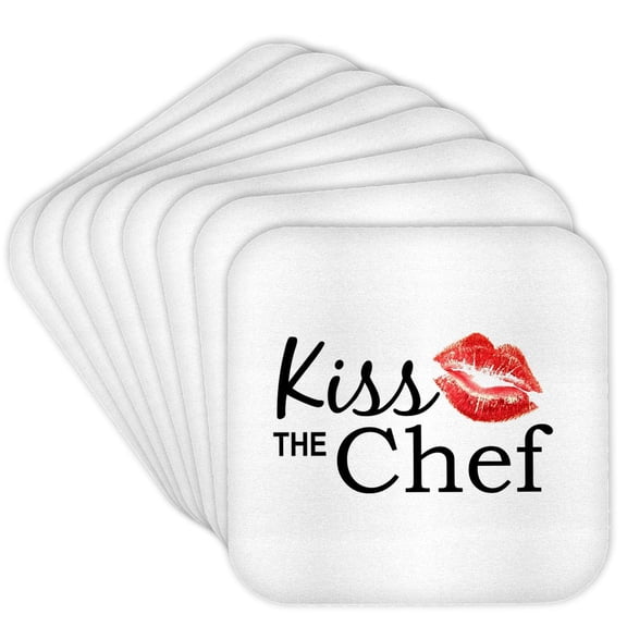 3dRose, Kiss the Chef - red flirty lipstick mark kisses with stylish black text - for cooks and cooking fans, Set of 8 Coasters - Soft