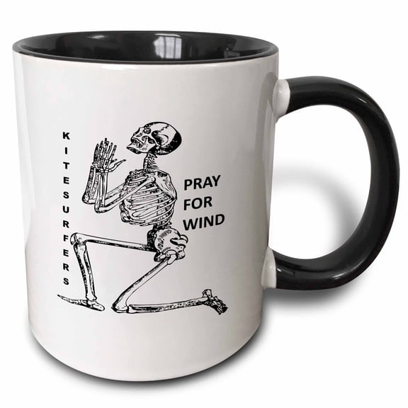 3drose, Kiteboarding Humor Kneeling Skeleton Praying for Wind 1, 11oz Two-tone Black Mug
