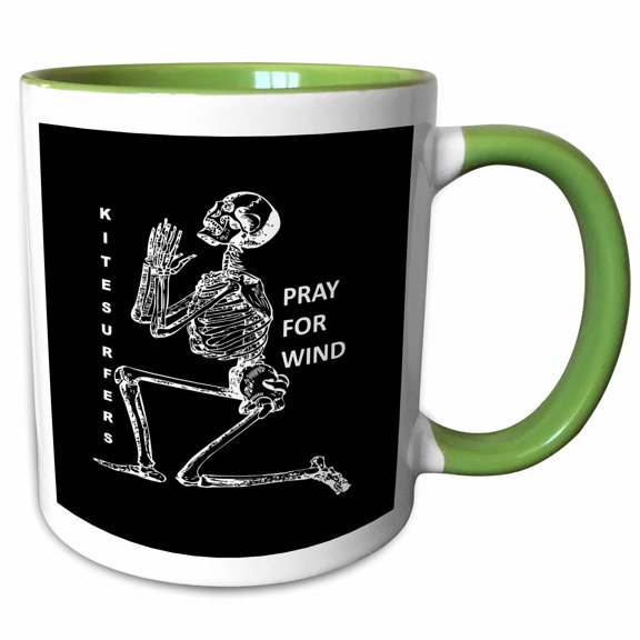 3drose, Kiteboarding Humor Kneeling Skeleton Praying for Wind 1, 11oz Two-tone Green Mug