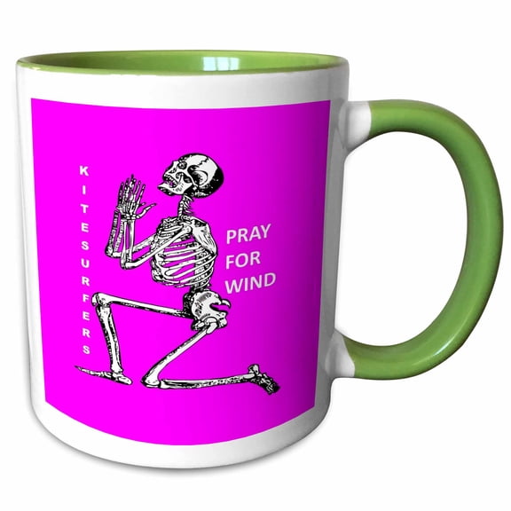 3drose, Kiteboarding Humor Kneeling Skeleton Praying for Wind 2, 11oz Two-tone Green Mug