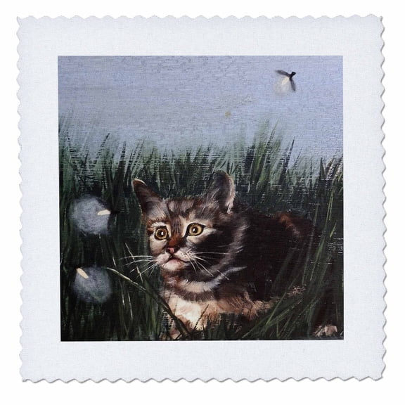 3dRose, Kitten Hiding in Grass Staring Straight up at Lightning Bugs, 10x10 inch quilt square