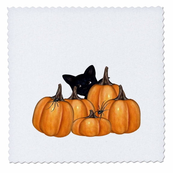 3dRose, Kitty With Pumpkins And Creepy Spiders On Halloween, 10x10 inch quilt square