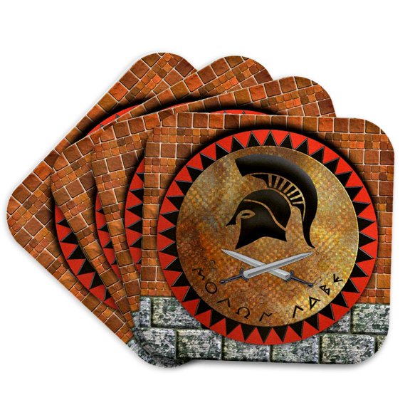 3dRose, Knight helmet Roman design with brick wall art background, Set of 4 Coasters - Soft