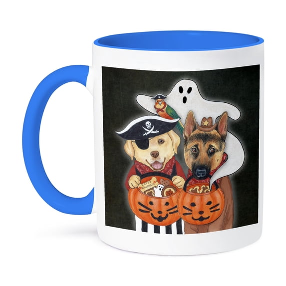 3dRose, Labrador, Shepherd, and parrot in costume with a ghost., 11oz Two-Tone Blue Mug