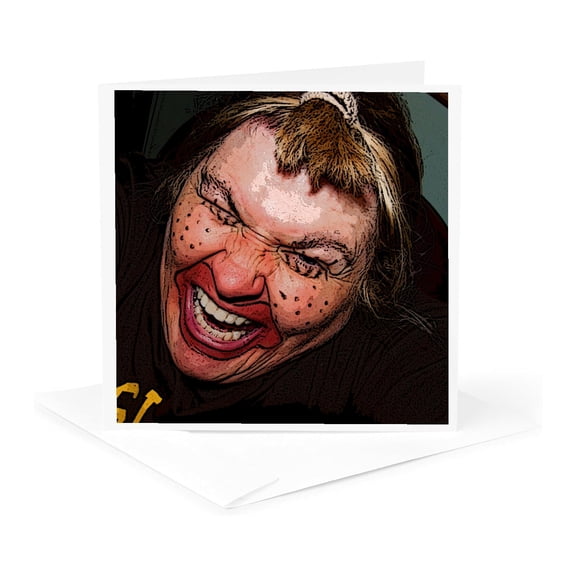 3dRose, Lady Dressed Up Like Ugly Clown for Halloween With Her Face Very Animated, Silly and Scary, 1 Greeting Card with envelope