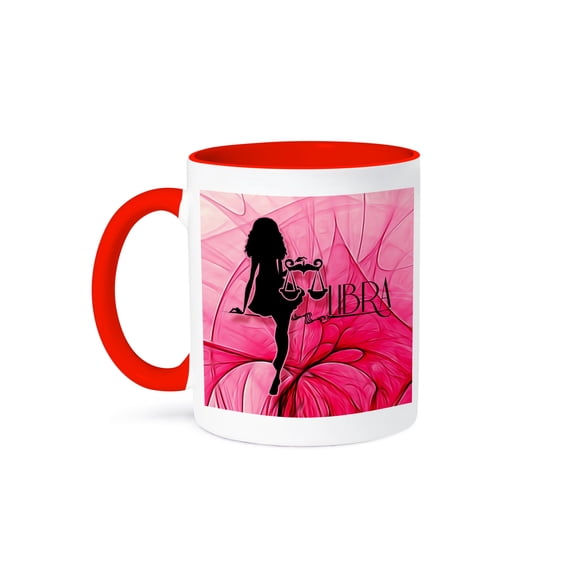 3dRose, Lady Libra in Pink and Black Swirls Zodiac Collection, 11oz Two-Tone Red Mug