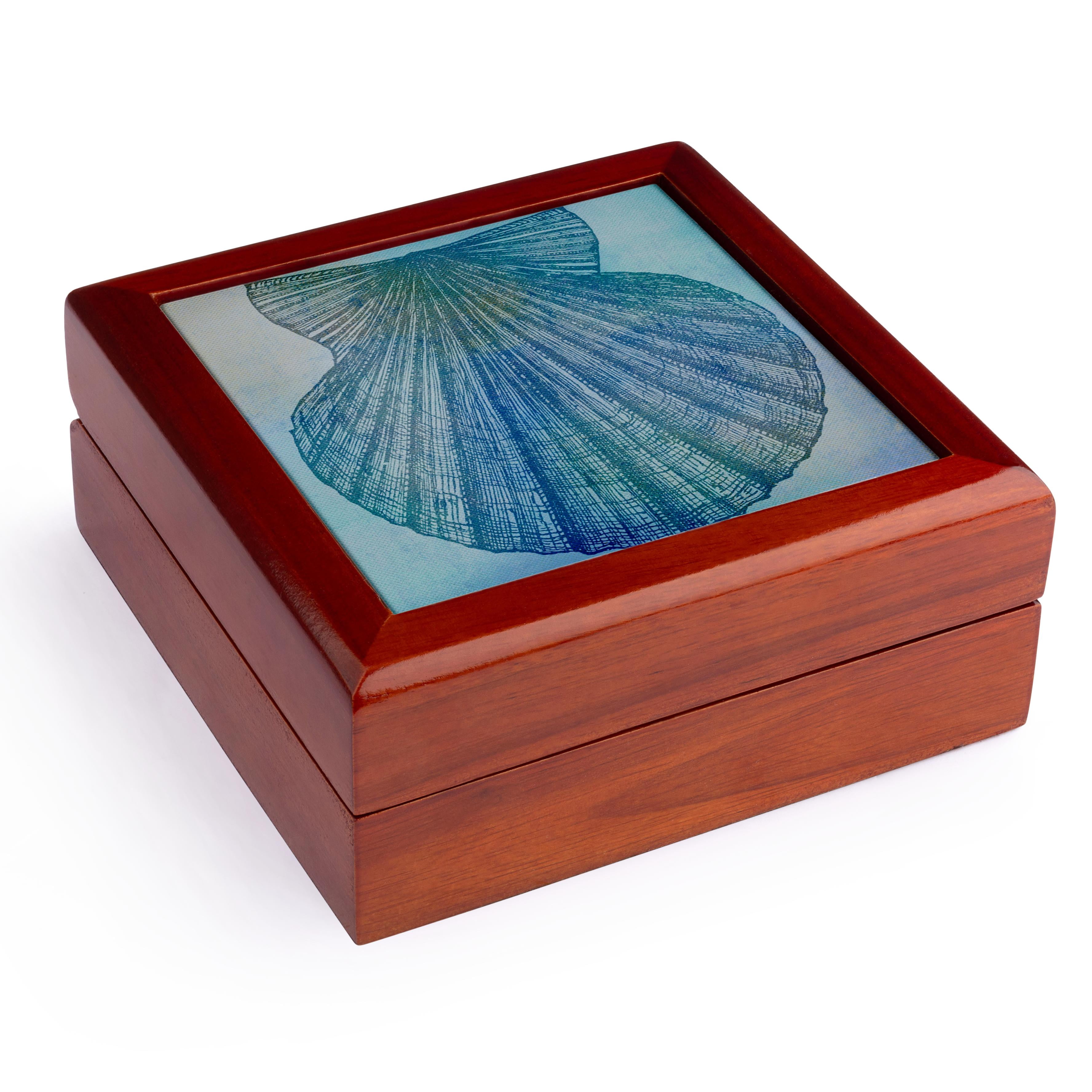 3dRose, Large Aqua Shell Beach Theme Art, Jewelry Box 5.5x5.5 inch with 4 inch tile