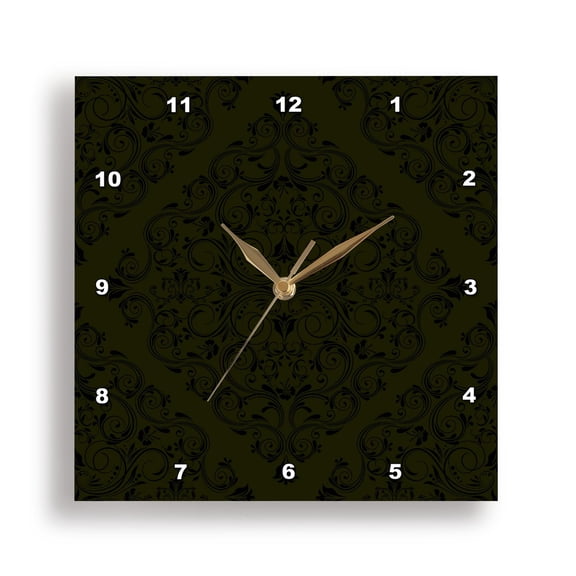 3dRose, Large Black On Deep Green Diamond Shaped Lacey Damask, 15x15 Wall Clock