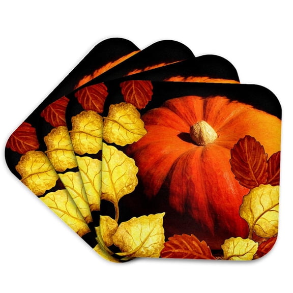 3drose, Large Pumpkin Surrounded by Autumn Leaves in Fall Colors, Set of 4 Coasters - Soft