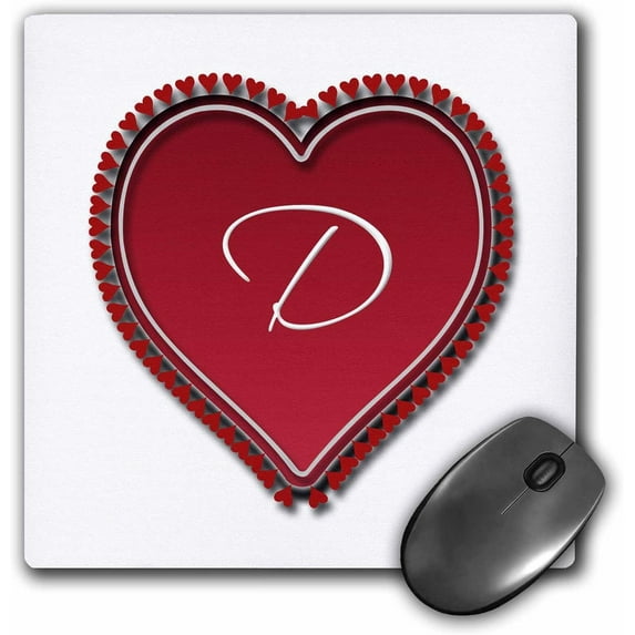 3dRose, Large red heart on a white background surrounded by small red hearts and the monogram D, MousePad