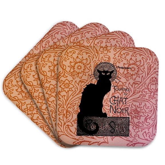 3dRose, Le Chat Noir Vintage French Black Cat, set of 4 Coasters - Soft