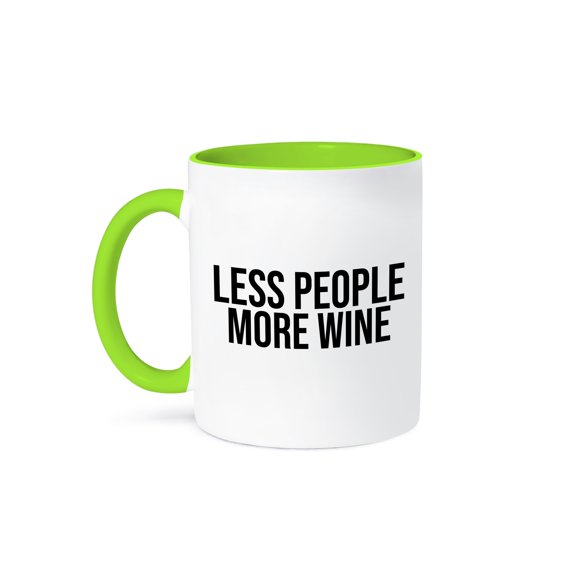 3dRose, Less people more wine. Bold black lettering on white background., 11oz Two-Tone Green Mug