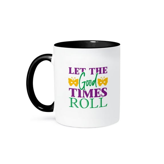 3drose, Let the Good Times Roll Elegant Mardi Gras Text, Yellow Masks Gift, 11oz Two-tone Black Mug