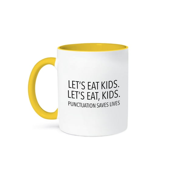 3dRose, Lets Eat Kids Punctuation Saves Lives Black, 15oz Two-Tone Yellow Mug
