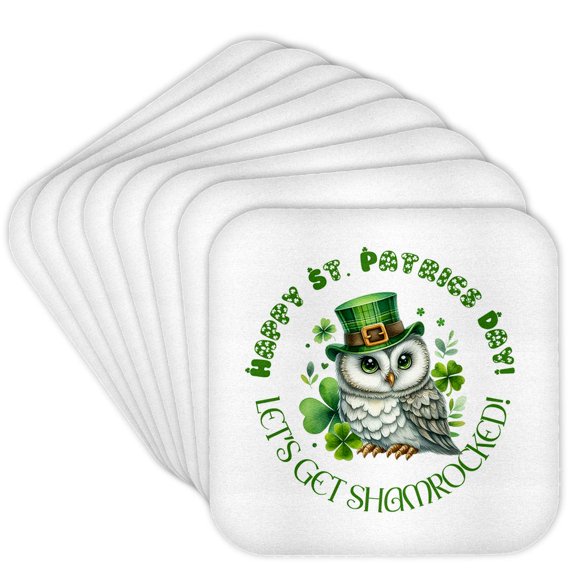 3drose, Lets Get Shamrocked. Happy St. Patricks Day. White Owl in Hat Gift, Set of 8 Coasters - Soft