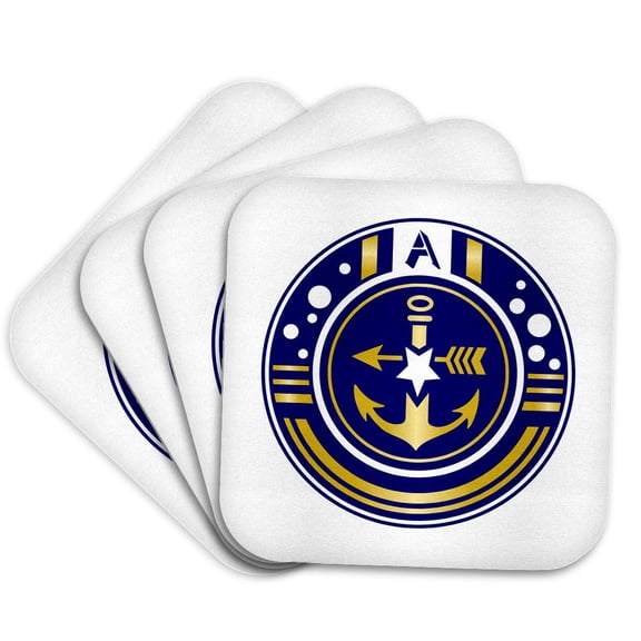 3dRose, Letter A- Nautical Anchor Monogram in Navy Blue and Faux Gold, set of 4 Coasters - Soft