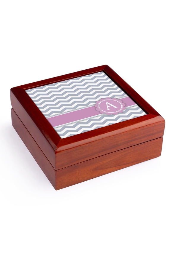 , Letter A monogrammed on grey and white chevron with pink - gray zigzags - personal initial zig zags, Jewelry Box 5.5x5.5 inch with 4 inch tile