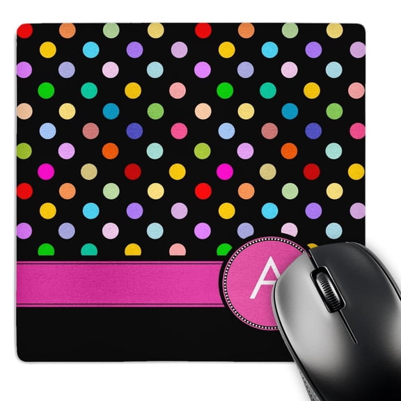 3dRose, Letter A monogrammed on rainbow polka dots pattern with hot pink personal initial - girly multicolor, MousePad