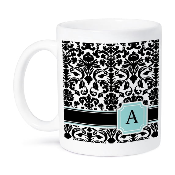 3dRose, Letter A personal monogrammed mint blue black and white damask pattern - classy personalized initial, 15oz Mug