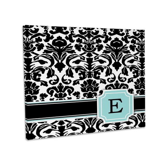3dRose, Letter E personal monogrammed mint blue black and white damask pattern - classy personalized initial, Museum Grade Canvas Wrap 14x11