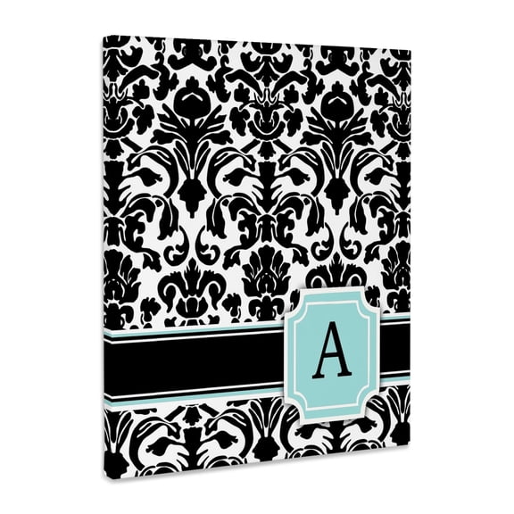 3dRose, Letter A personal monogrammed mint blue black and white damask pattern - classy personalized initial, Museum Grade Canvas Wrap 16x20