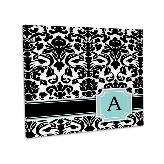 3dRose, Letter A personal monogrammed mint blue black and white damask pattern - classy personalized initial, Museum Grade Canvas Wrap 20x16