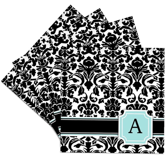 3dRose, Letter A personal monogrammed mint blue black and white damask pattern - classy personalized initial, Set of 4 Ceramic Tile Coasters