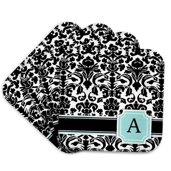 3dRose, Letter A personal monogrammed mint blue black and white damask pattern - classy personalized initial, set of 4 Coasters - Soft