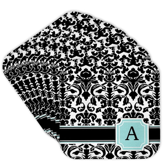 3dRose, Letter A personal monogrammed mint blue black and white damask pattern - classy personalized initial, Set of 8 Coasters - Soft