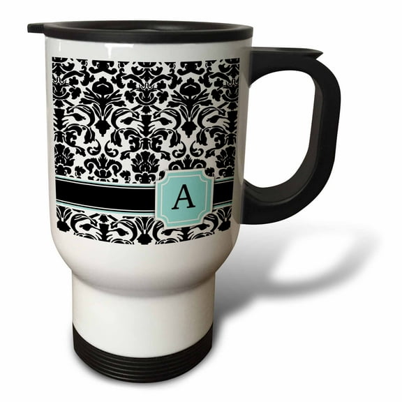 3dRose, Letter A personal monogrammed mint blue black and white damask pattern - classy personalized initial, 14oz Stainless Steel Travel Mug