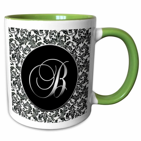 3drose, Letter B - Black and White Damask, 15oz Two-tone Green Mug