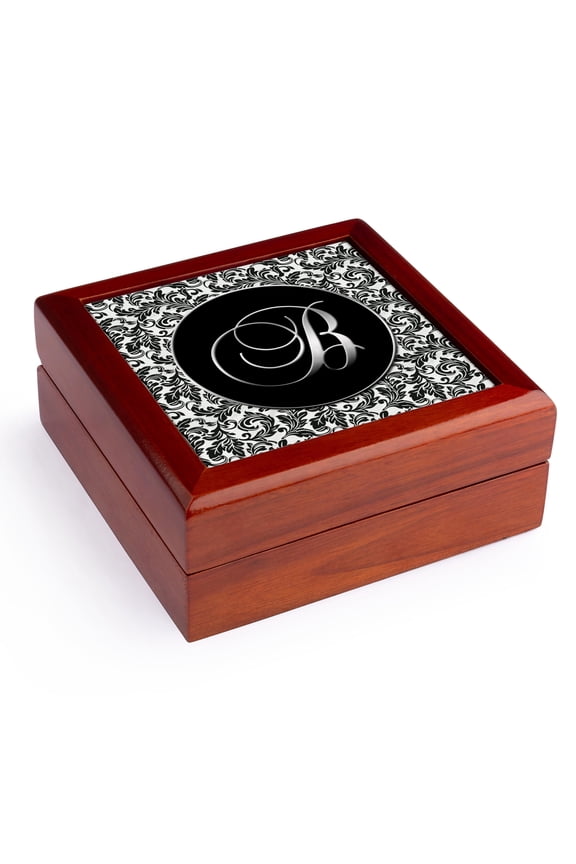 , Letter B - Black and White Damask, Jewelry Box 5.5x5.5 inch with 4 inch tile