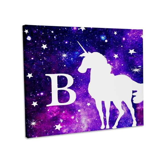 3dRose, Letter B Monogram Unicorn Purple Space Stars personalized initial B, Museum Grade Canvas Wrap 10x8