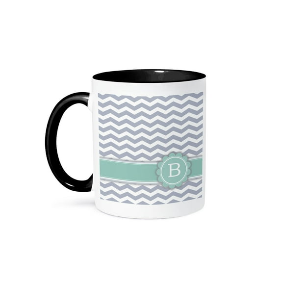 3dRose, Letter B Monogram On Grey And White Chevron With Mint - Gray Zigzags - Personal Initial Zig Zags, 11oz Two-Tone Black Mug