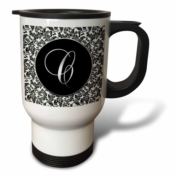 3drose, Letter C - Black and White Damask, 14oz Stainless Steel Travel Mug