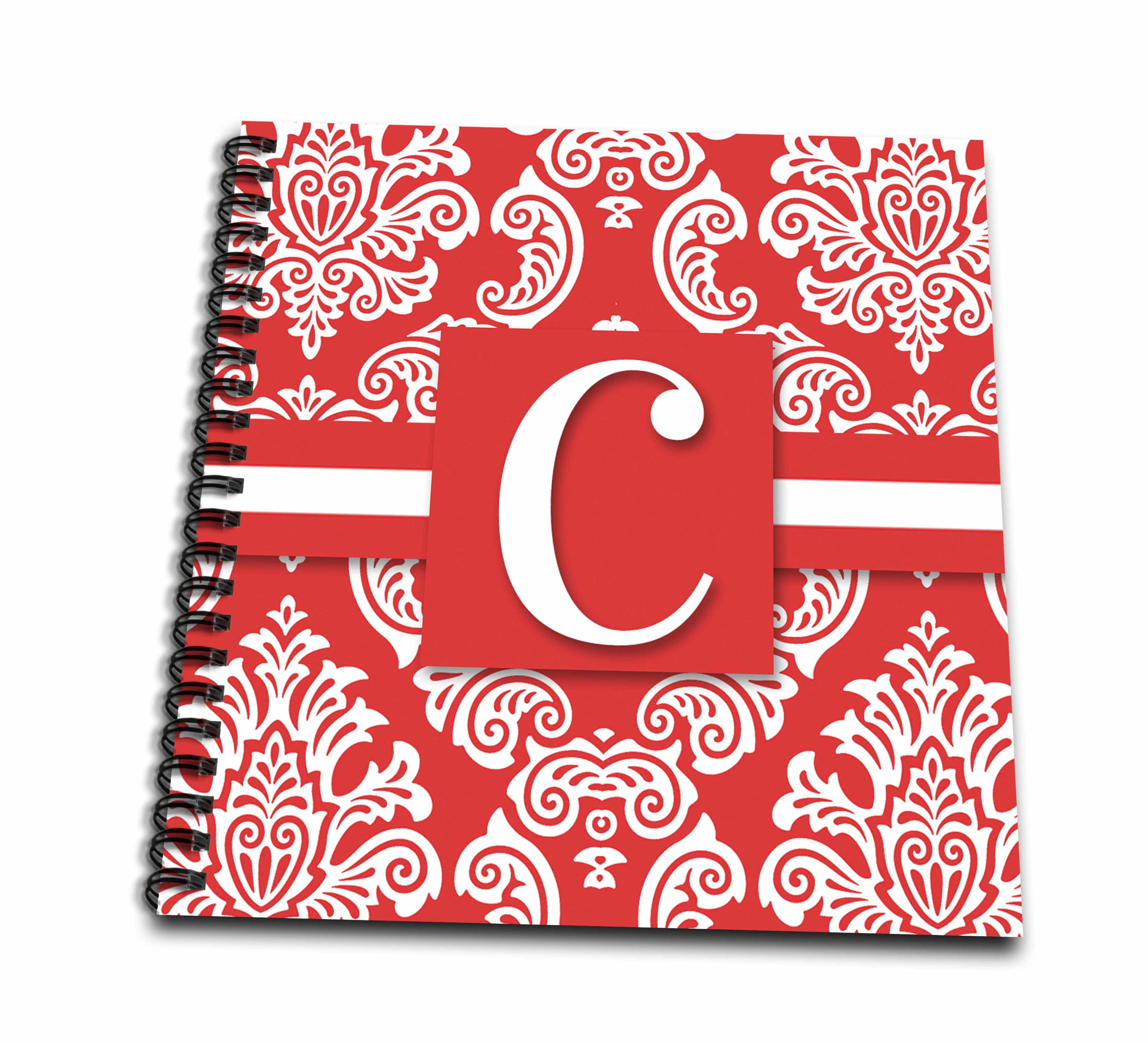 3dRose, Letter C Monogram in Vintage Peach and White Damask, Memory Book 12 x 12 inch