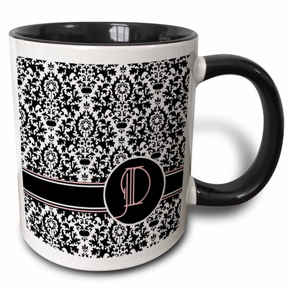 3drose, Letter D Personal Monogrammed Damask Pattern-personalized Initial, 11oz Two-tone Black Mug