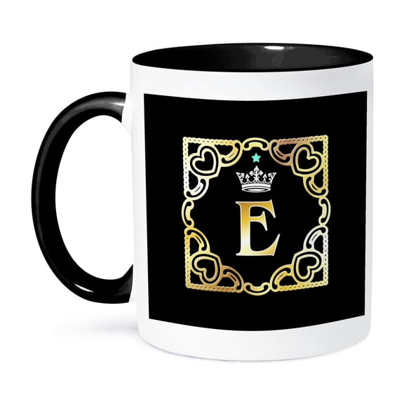 3dRose, Letter E- Image of Monogram with Crown and Blue Star- not metal foil, 15oz Two-Tone Black Mug