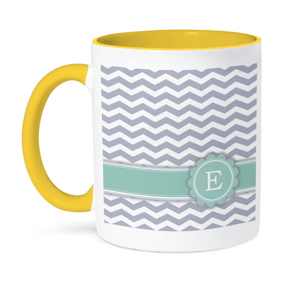 3dRose, Letter E monogrammed on grey and white chevron with turquoise mint gray zigzags personal zig zags, 11oz Two-Tone Yellow Mug