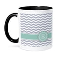 thumbnail image 1 of 3dRose, Letter E monogrammed on grey and white chevron with turquoise mint gray zigzags personal zig zags, 15oz Two-Tone Black Mug, 1 of 7
