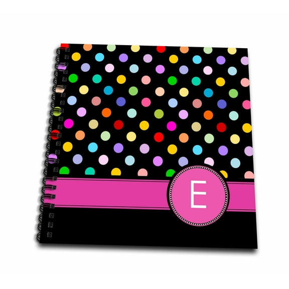 3dRose, Letter E monogrammed on rainbow polka dots pattern hot pink personal initial Black girly multicolor, Drawing Book 8 x 8 inch